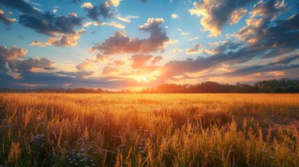Sunset in the countryside. Sunset rays piercing through a large tree in a serene field.