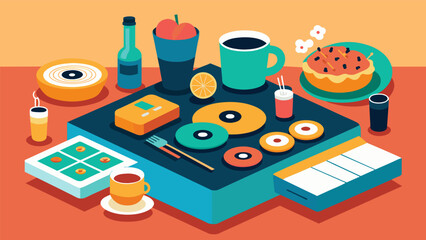 An array of snacks and drinks laid out on the coffee table ready to be enjoyed during the intermission between records. Vector illustration