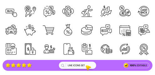 Saving money, Loan and Private payment line icons for web app. Pack of Market sale, Car leasing, Rise price pictogram icons. Stress, Annual tax, Update data signs. Discounts chat. Search bar. Vector