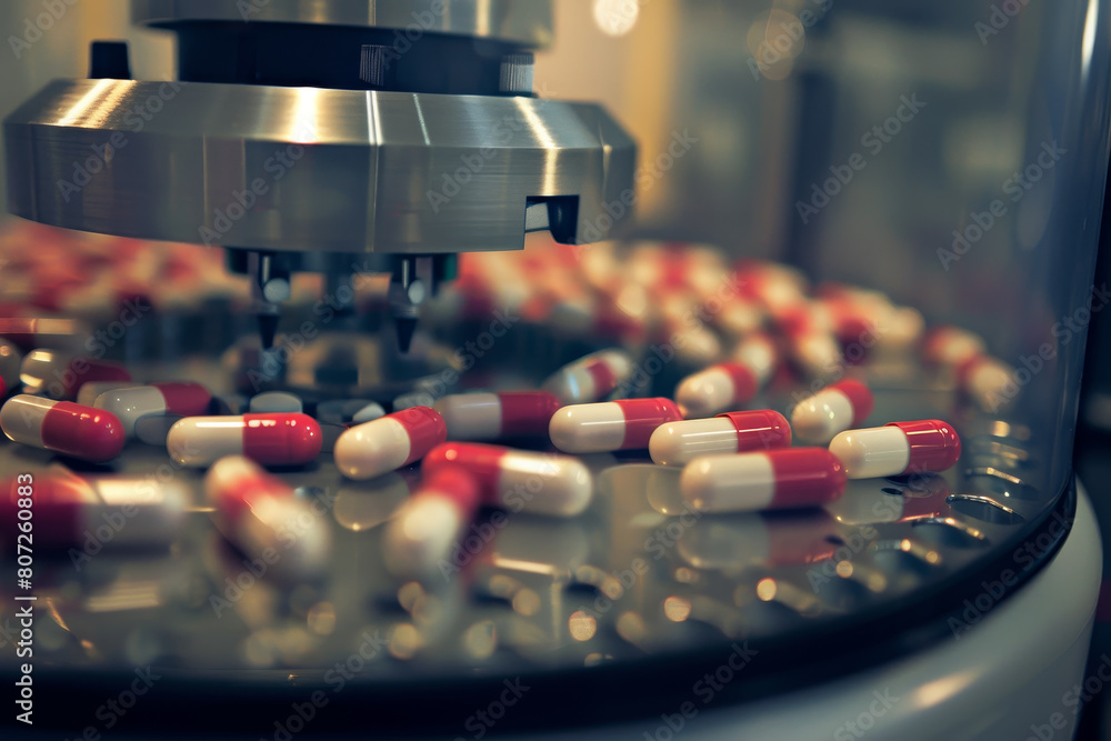Poster a machine is processing pills in a circular tray