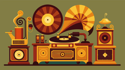 Vintage record players adorned with ornate designs were on display showcasing the evolution of audiophile equipment. Vector illustration