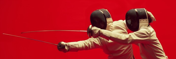 Two athletes in white fencing gear are engaged in a competitive duel, their blades crossed, against a vivid red background capturing movement and tension