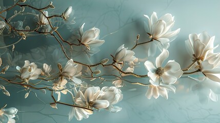 a glass-framed mirror embellished with elegant magnolia blossoms, reflecting both light and...