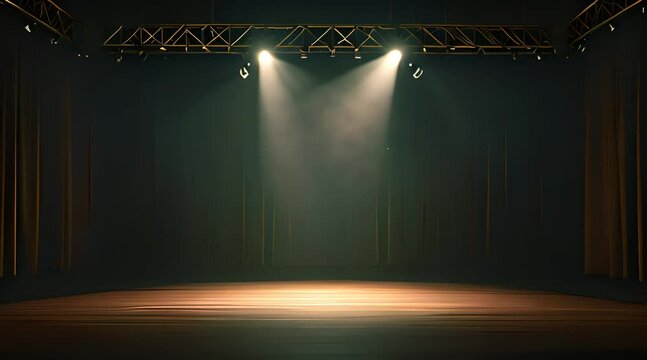 An empty stage illuminated by a single dramatic spotlight, suggesting anticipation of a performance or event