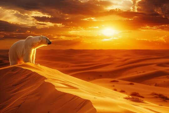 Climate Paradox, A distressed Polar Bear on a Desert Sand Dune
