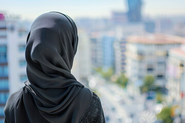 Muslim woman overlooking city landscape