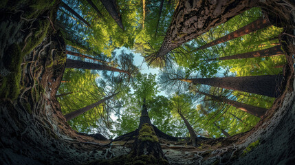 Inverted rules of nature coexist in a topsy-turvy forest where trees grow upside down, with roots rising skyward and branches deeply ingrained in the ground - Powered by Adobe