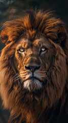 A lion with a long mane and a fierce look on its face