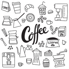 Collection of coffee icons set in doodle style. Hand drawn vector art.