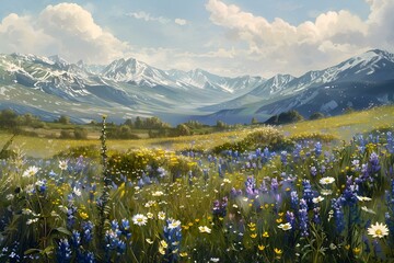 Malownicza łąka kwiatowa z widokiem na góry