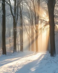 Zimowy las rozświetlony promieniami wschodzącego słońca