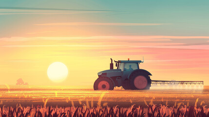 Fototapeta premium A tractor is driving through a field of tall grass