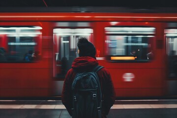 A young man in a red jacket with a backpack is waiting for a train at the subway station.