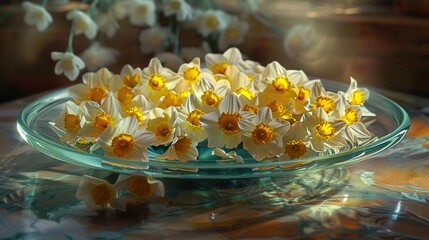 a glass serving platter featuring a burst of daffodils, adding a cheerful touch to your dining experience. 