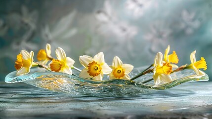 a glass serving platter featuring a burst of daffodils, adding a cheerful touch to your dining experience. 