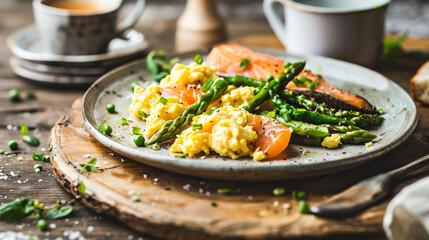 A plate of food with a piece of salmon and asparagus on it