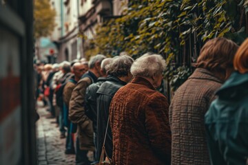 European people queue and wait for shopping on sidewalk outside supermarket. Peaceful protesters, street strike against economical and financial crisis, unemployment, poverty and joblessness concept