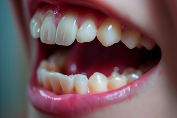 Close up of female mouth with healthy teeth. Dentistry concept.