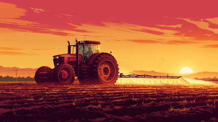 Obraz premium A red tractor is spraying a field with a sun in the background