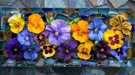 a glass tray with a mosaic of vibrant pansies, creating a lively and colorful serving experience.