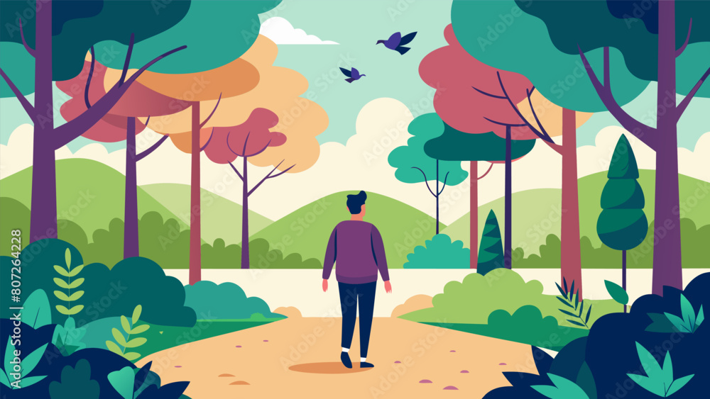 Aufkleber a person taking a walk through a serene park surrounded by towering trees and chirping birds.. vecto