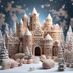 Christmas and New Year background with gingerbread houses, Christmas trees and snowflakes