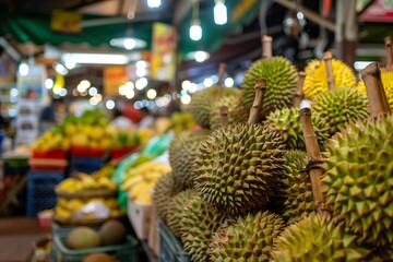 Durian fruit in the market, Thailand. Selective focus.