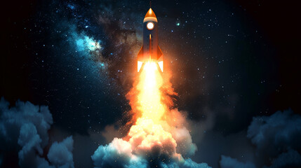 Rocket blasting off into space representing progress, innovation and advancement in science and technology.