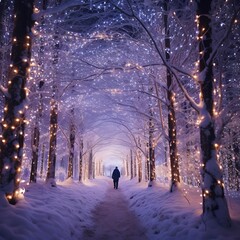 Winter walk through the snowy forest at night. A man walks through a tunnel of trees and lights.