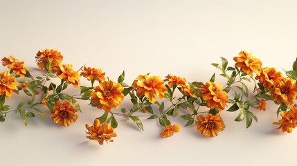 A hyper-realistic rendering of a 3D marigold garland, each flower meticulously crafted, evoking a sense of celebration. 