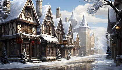 Beautiful winter panoramic view of a small town in the snow