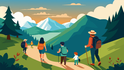 Hikers of varying ages and abilities take in stunning mountain views as they leisurely make their way along a gentle trail mindful of minimizing their. Vector illustration