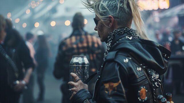 wide shot of a 40 years old woman wearing a black leather jacket with a Lagertha haircut and holding a viking tankard at metal music concert
