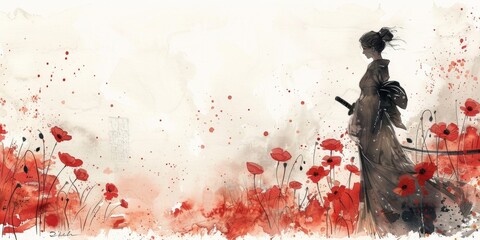 A samurai woman in a kimono in poppies, a white background with a place for text.