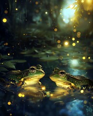 Two frogs sit on lily pads in a pond, surrounded by fireflies. The frogs are looking at each other. It is a magical night.
