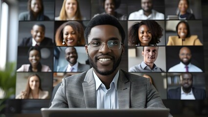 Diverse group on laptop screen in virtual meeting led by African businessman. Concept Virtual Meetings, Diversity and Inclusion, Remote Collaboration, Business Leadership, Online Communication