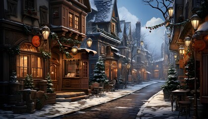 Illustration of a street in a small town in the winter.