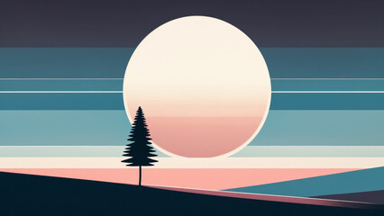 A modern abstract image of a sunset with contrasting stripes of color representing the horizon and a dark silhouette of a spruce tree in the foreground