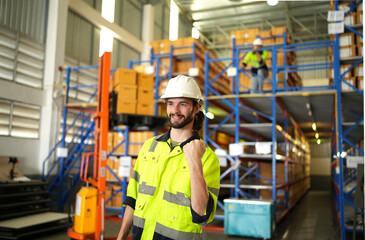 Warehouse worker working in warehouse storage. Foreman or worker work at factory site check up...