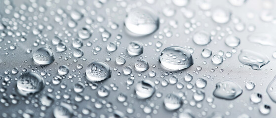 Water drops abstract texture background, waterdrops on glass or metal plate after rain. Theme of droplets, wet, splash, raindrop, dew