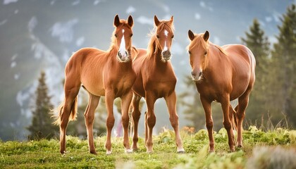 Fototapeta premium Graceful Trio: Young Horses Frolic in the Meadow