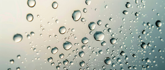 Water drops abstract texture background, waterdrops on glass or metal sheet after rain, top view. Theme of droplets, wet, raindrop, dew.