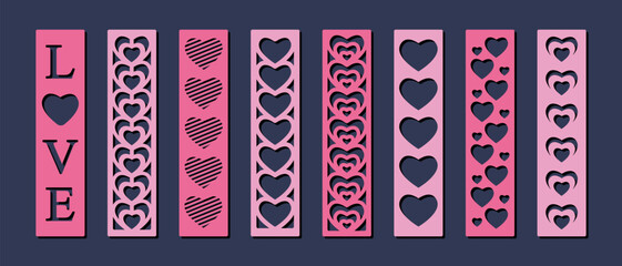 Set of 8 vertical bookmarks with love and hearts pattern. Laser cut template. Decorative bookmark stencil for paper, wood and metal cutting. Vector design
