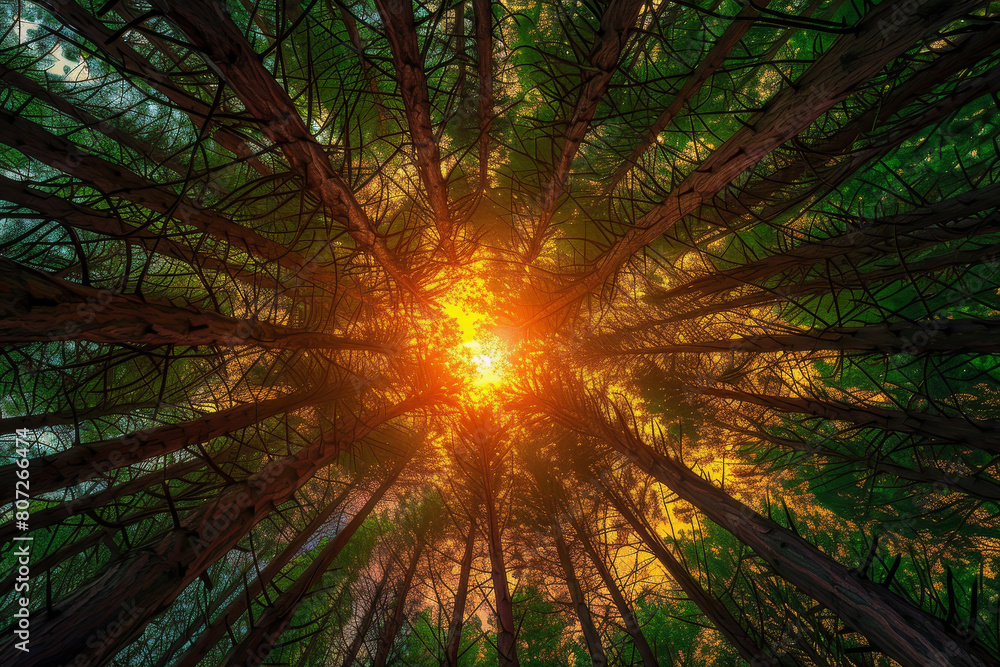 Poster a forest with trees and a sun shining through the trees