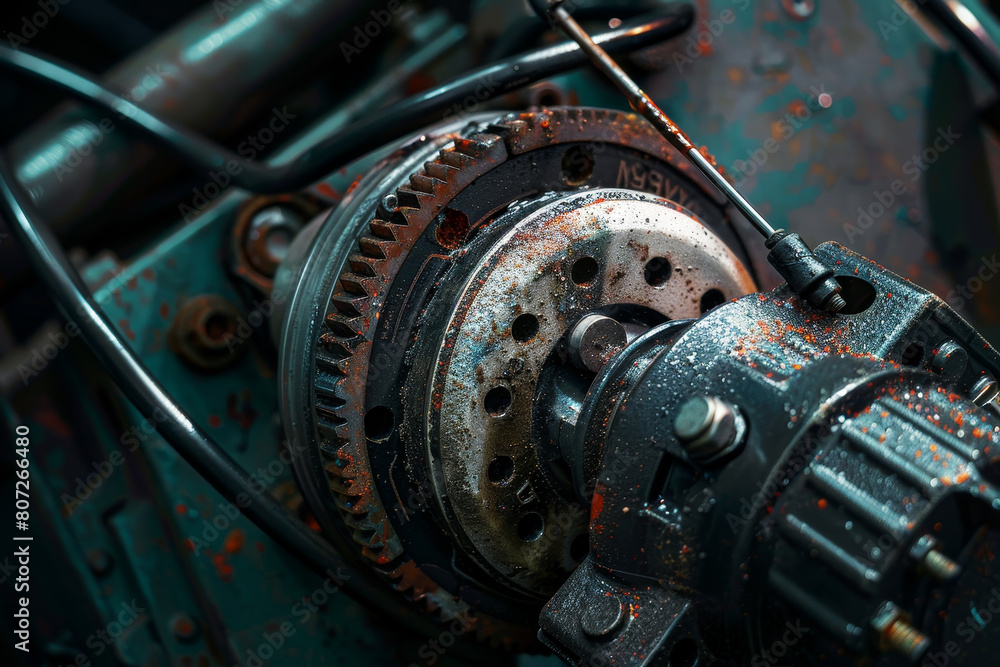 Poster a large, shiny, metallic object with a number of gears and a clock face