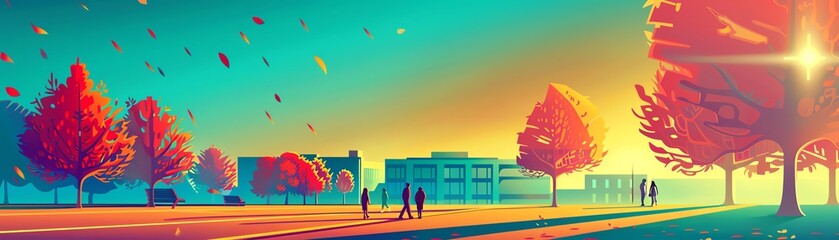 Naklejka premium An illustration of a beautiful autumn day on a college campus