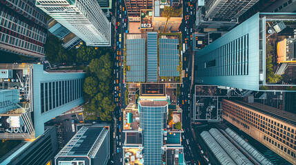 Aerial view of city with solar panels on rooftops of buildings. City skyline. Concept of sustainability and ecology.