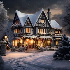 Beautiful winter house in the snow at night. Christmas background.