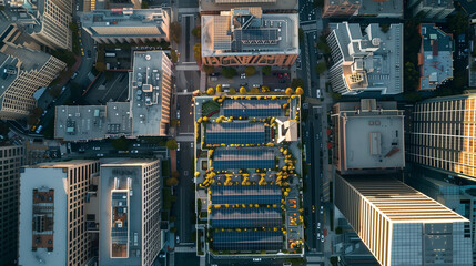 Aerial view of city with solar panels on rooftops of buildings. City skyline. Concept of sustainability and ecology.