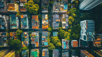 Aerial view of city with solar panels on rooftops of buildings. City skyline. Concept of sustainability and ecology.